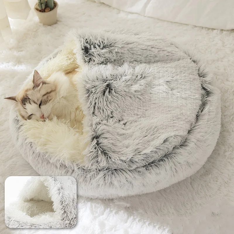

New Style Pet Dog Cat Bed Round Plush Cat Warm Bed House Soft Long Plush Bed For Small Dogs For Cats Nest 2 In 1 Cat Bed