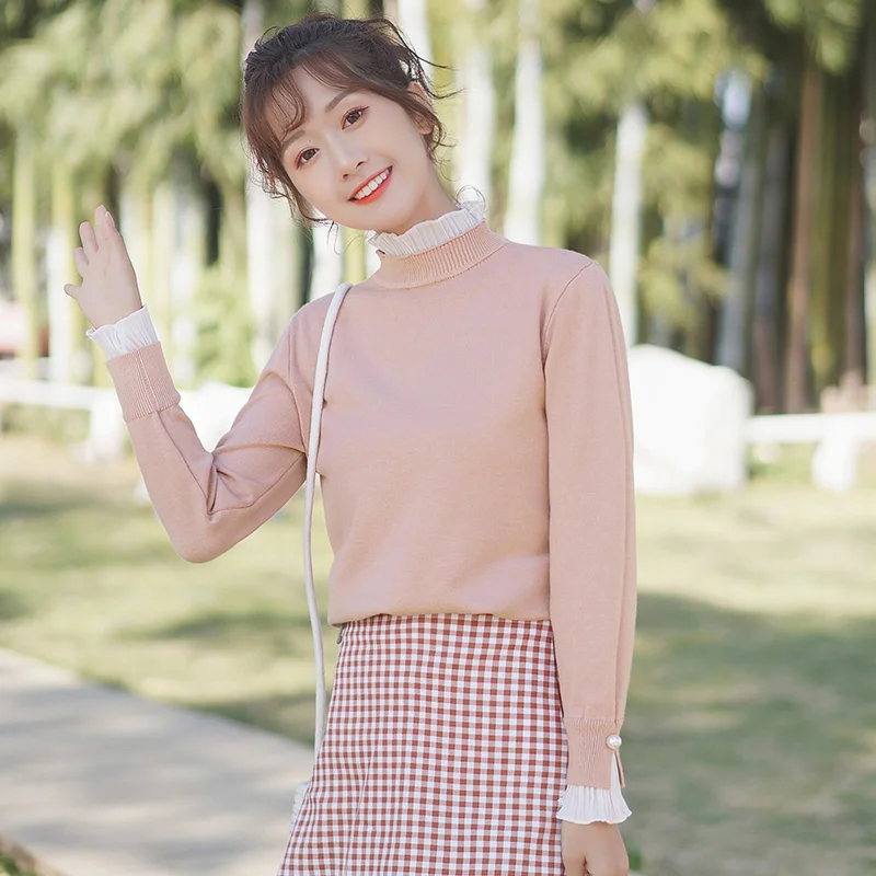 

Chic Khaki 2020 New Spring and Autumn Mock Neck Sweater Bottoming Shirt Women's Slim Fit Inner Wear Knitwear Mesh Top Fashion