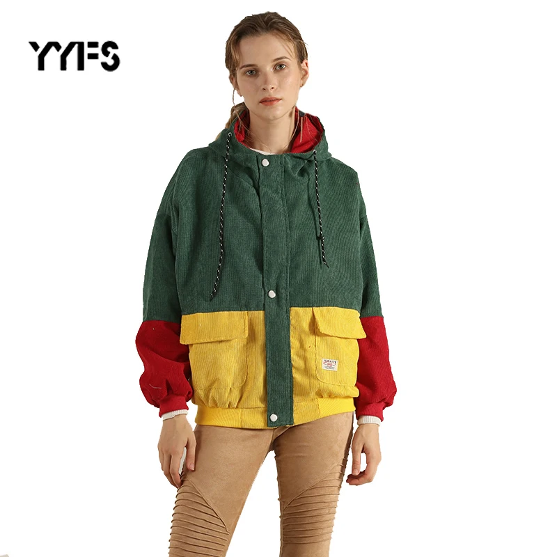 С Вельветовая куртка женская с капюшоном в стиле пэчворк карманами женские блузы