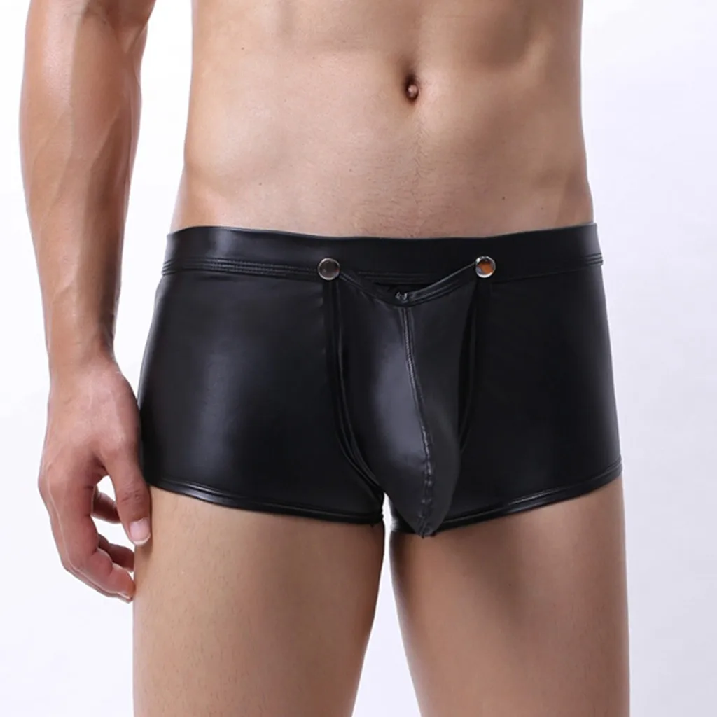 Мужские трусы-боксеры из искусственной кожи черные удобные трусы с низкой талией