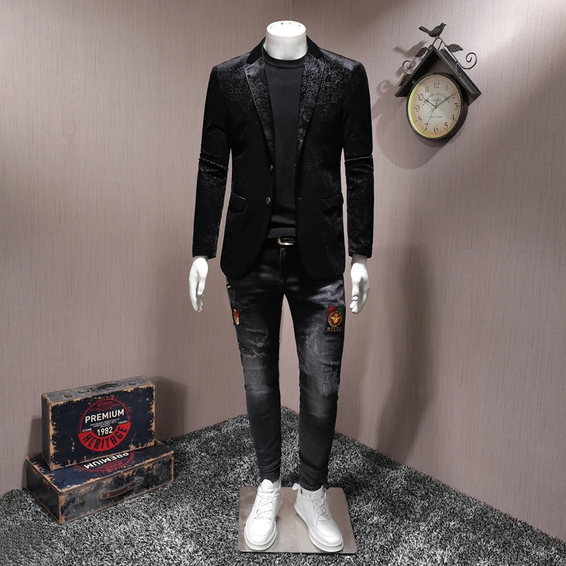 

Brand Men Blazer Luxury Wedding Business Casual Single Breasted Suit Jacket Oversize 5XL Autumn Black Slim Velour Outwear