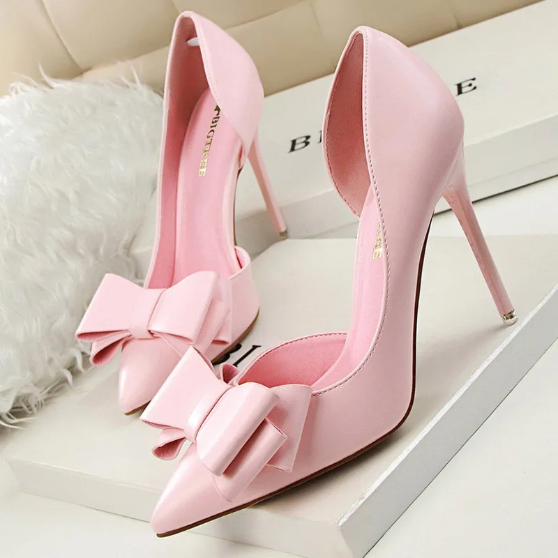 Женские туфли-лодочки на высоком каблуке с бантом-бабочкой белые розовые красные