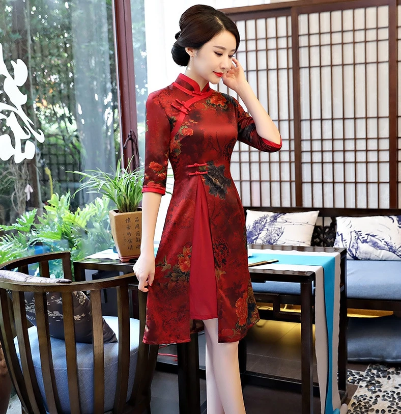 

Summer AO Dai Short Cheongsam Novelty Chinese style Mini Dress Womens Rayon Qipao Slim Party Dresses Lady Button Vestido S-XXXL