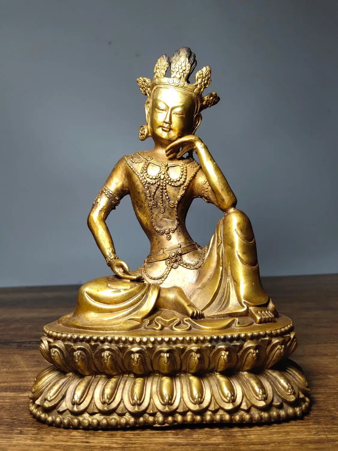 

8" Tibet Buddhism Temple Old Bronze Cinnabars Free Tara Guanyin Buddha Statue Avalokitesvara Amitabha Enshrine the Buddha