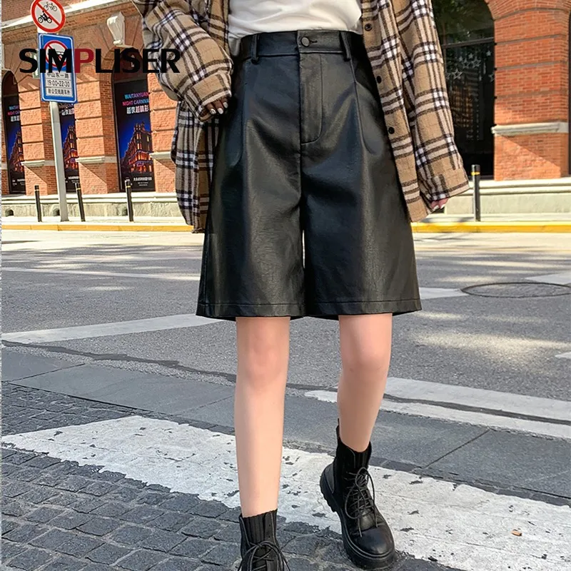 Женские широкие брюки из искусственной кожи капри до колен свободные с высокой