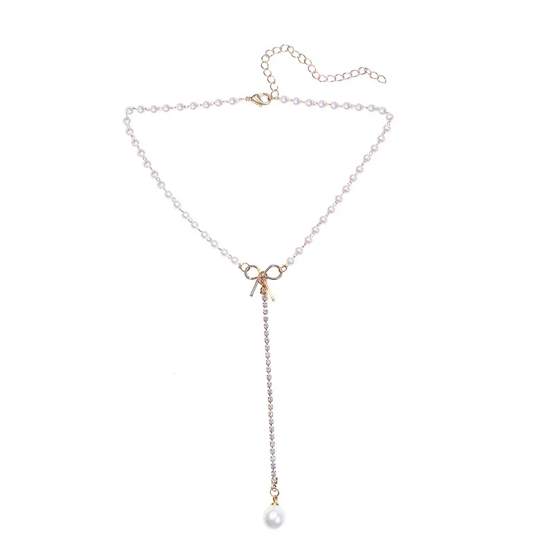 

CH-1162 Pearl Necklace Diamond Alloy Bow Clavicle Chain Personalized Jewelry Choker Collar Neckband