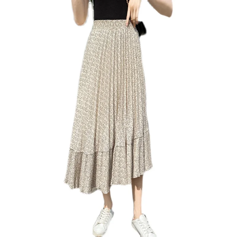 

2021 Summer Women Printed Chiffon Skirts Female Basic Pleated Small Flowers Irregular Ruffles Long Skirt Bottom