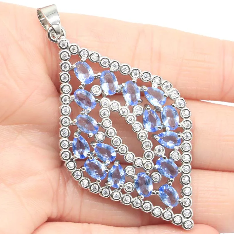 

65x32mm Awesome Long Big Created Violet Tanzanite White Zircon Women Silver Pendant Dating