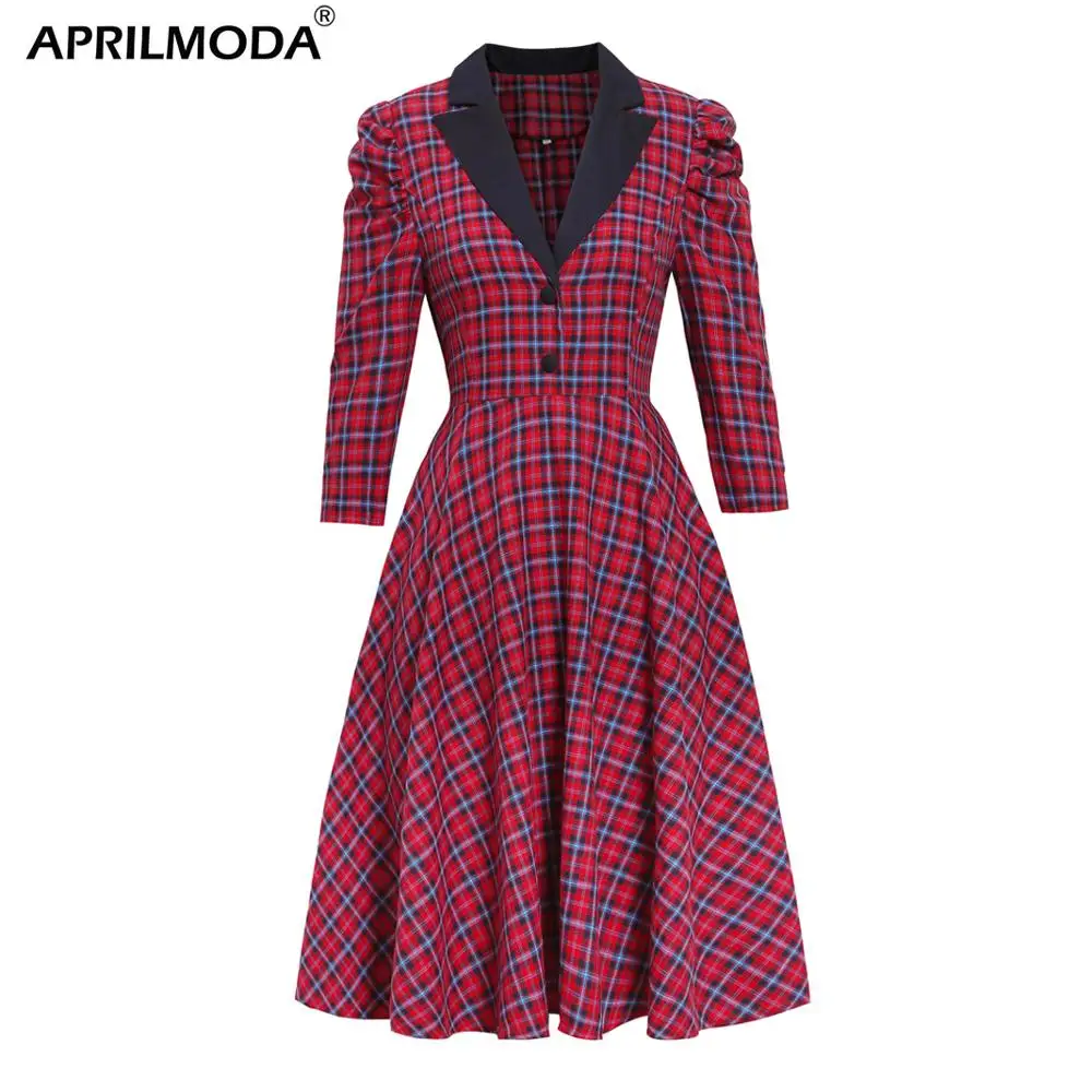 Женское винтажное платье в клетку красное Хлопковое с коротким рукавом пышной
