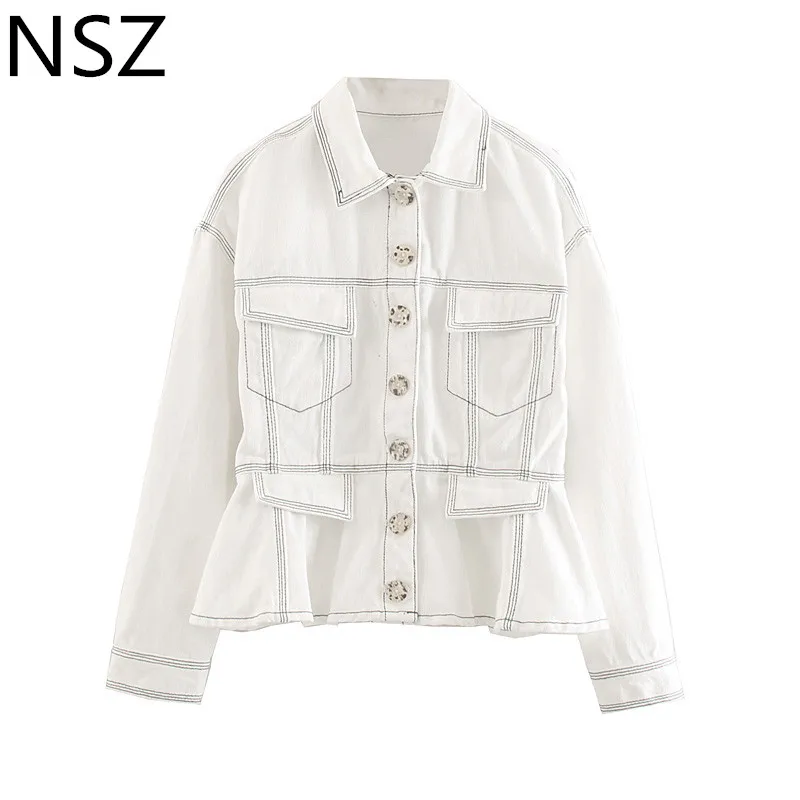 NSZ Женская белая джинсовая куртка укороченная с длинным рукавом и отложным
