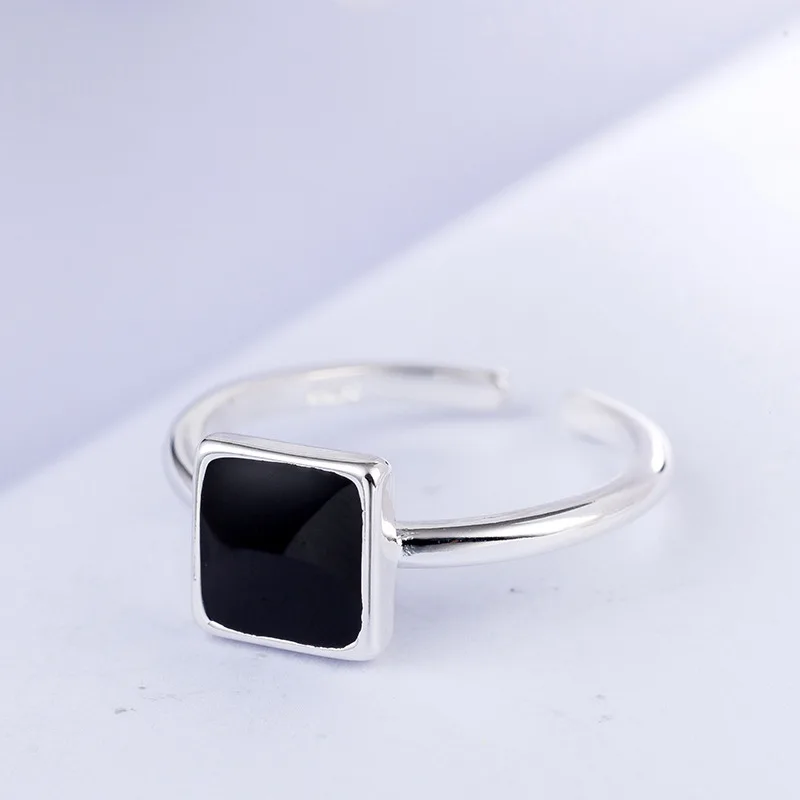 

VENTFILLE 925 Sterling Silver Fashion Square Simple Live Mouth Japanese and Korean Version Black Rings
