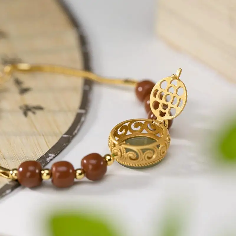 

Original S925 Sterling Silver Ancient Gilding South Red Personality Hetian Jade Gray Jade Women Can Open Perfume Bag Bracelet Br