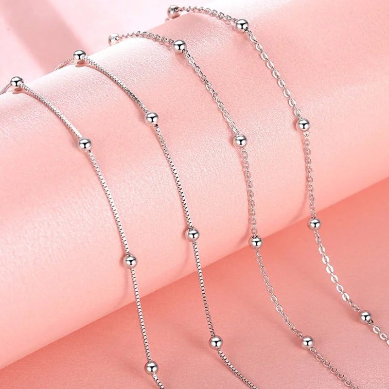 

Lo Paulina Solid 925 Sterling Silver Beaded Box Or CrosS Chain Necklace 40+5cm For Lady Girl Simple Wedding Jewelry Bijoux
