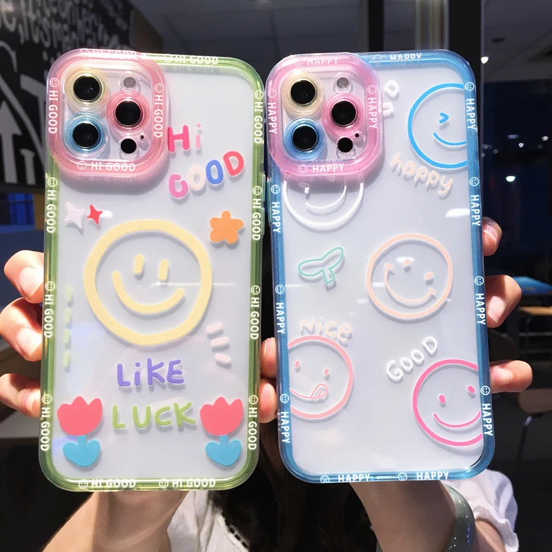 Cute Cartoon Smile Flower Clear Phone Case For iPhone 14 Pro Max 13 12 11 X XS XR 7 8 Plus Couple Transparent Shockproof Cover