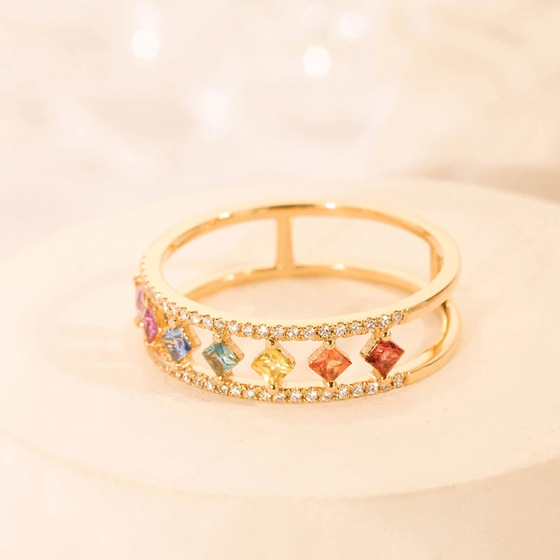 

Luxury Female Rainbow Crystal Stone Ring Charm Gold Color Hollow Wedding Rings For Women Promise Square Zircon Engagement Ring