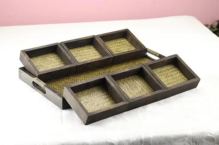7pcs/set Wood&ampRattan Serving Trays with Handle Nesting Multipurpose - for Breakfast Coffee Table/Butler & Chinese Tea | Дом и сад