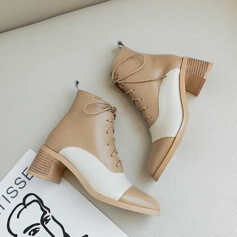 

Krazing Pot genuine leather fashion elegant French mixed colors lace up round toe high heels winter warm women ankle boots L10