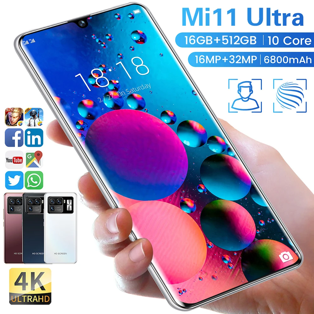

2021 смартфон Mi11 Ultra 16G 512 Гб телефон 32 МП камера Сотовый телефон 6800 мАч 4G телефон со сканером отпечатка пальца