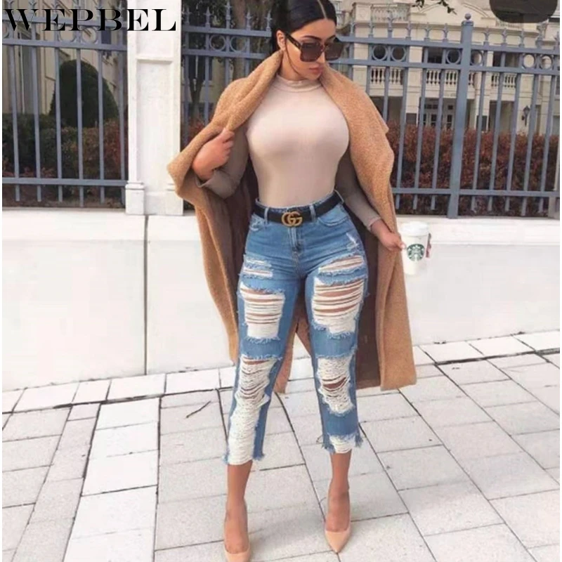 

WEPBEL Jeans Women's Fashion Slim Denim Pencil Pants Summer Sexy High Waist Ripped Hole Vintage Calf-Length Jeans