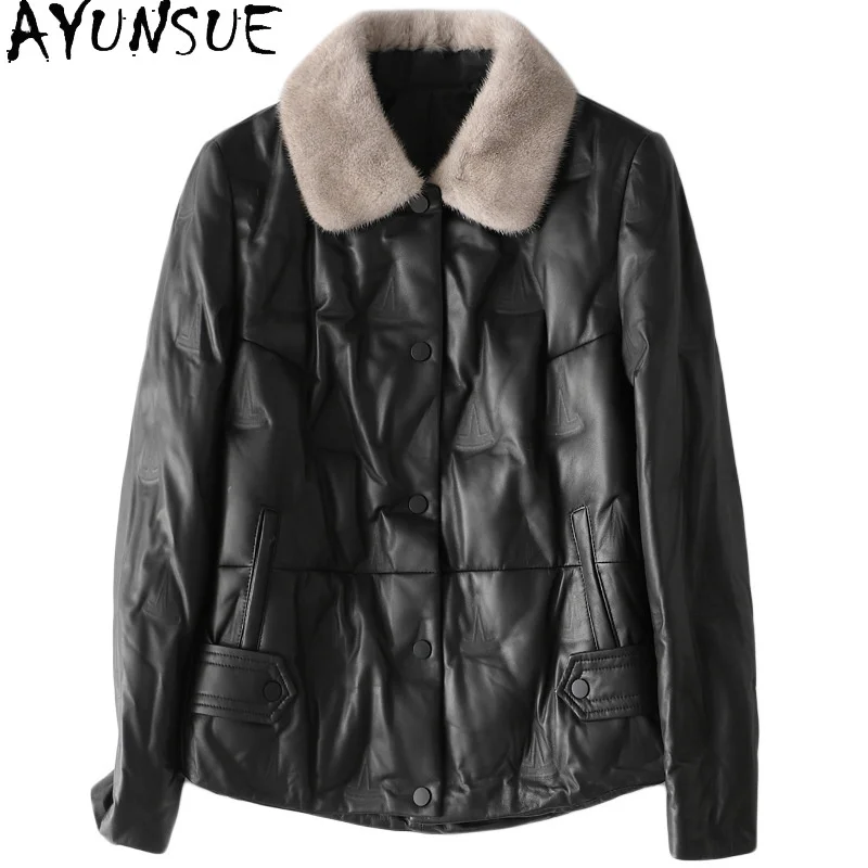 

Genuine Sheepskin White Duck Down Coat Female Winter Short Real Mink Fur Collar Jacket Women Casaco Feminino Gxy430