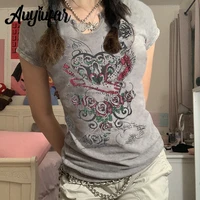 auyiufar floral heart printed short sleeve tees fairy grunge retro slim y2k streetwear women tops cute indie elfcore tshirts new