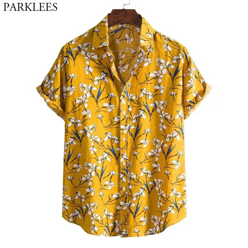 

Yellow Floral Hawaiian Shirt for Men 2021 Stylish Summer Short Slevee Tropical Aloha Shirts Casual Button Down Camisa Hawaiana
