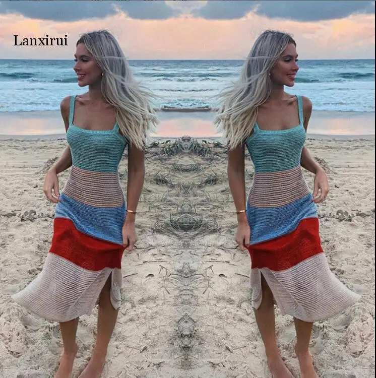 

Summer Women Casual Beach Color Patchwork Sexy Spaghetti Strap Dress Ladies Printed Stripe Bohemian Style Split Dress