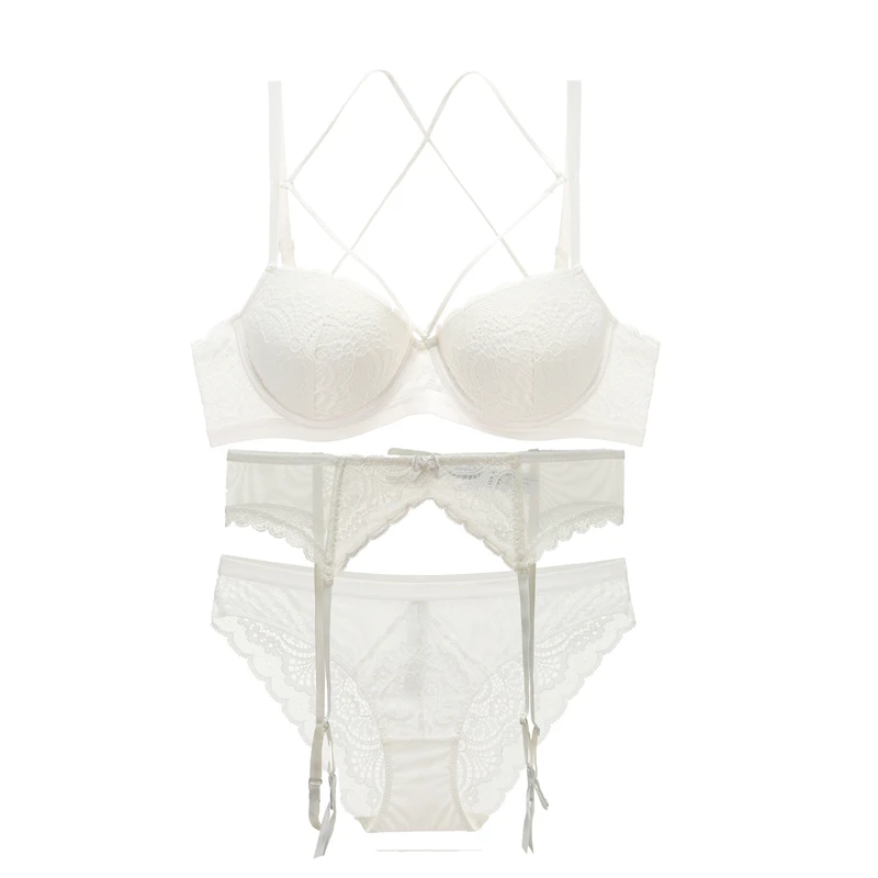 Sexy Lace Bra+ Panties+ Garters Set Underwear Push Up Bra Thick Padded Backless Bandage Bra A B C D Cup Women Lingerie