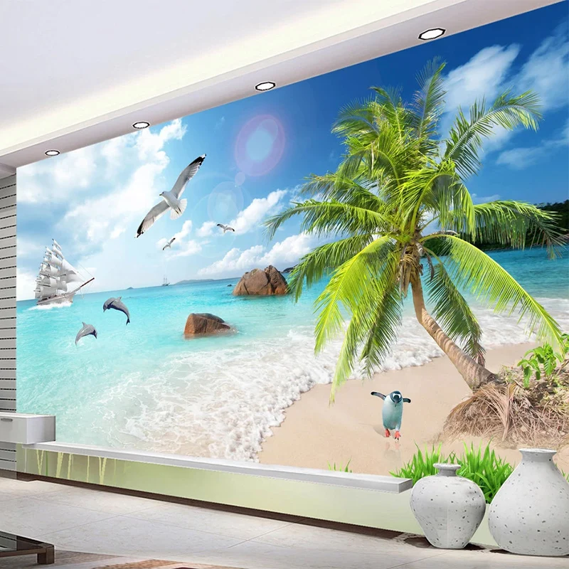 

Custom Any Size Mural Wallpaper 3D Seascape Scenery Coconut Tree Beach Fresco Living Room TV Sofa Bedroom Papel De Parede Sala