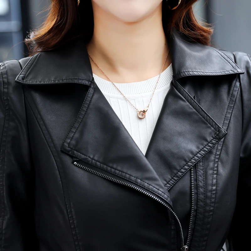 

Women 's Leather Top 2021 Spring And Autumn Youth New Fashion Black Motorcycle Long Faux Leather Soft Slim Jacket