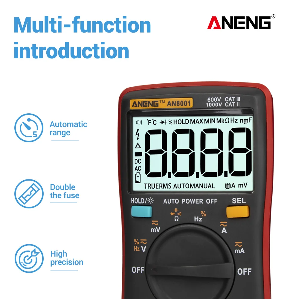 Портативный цифровой мультиметр ANENG AN8001 с ЖК дисплеем Автоматический диапазон