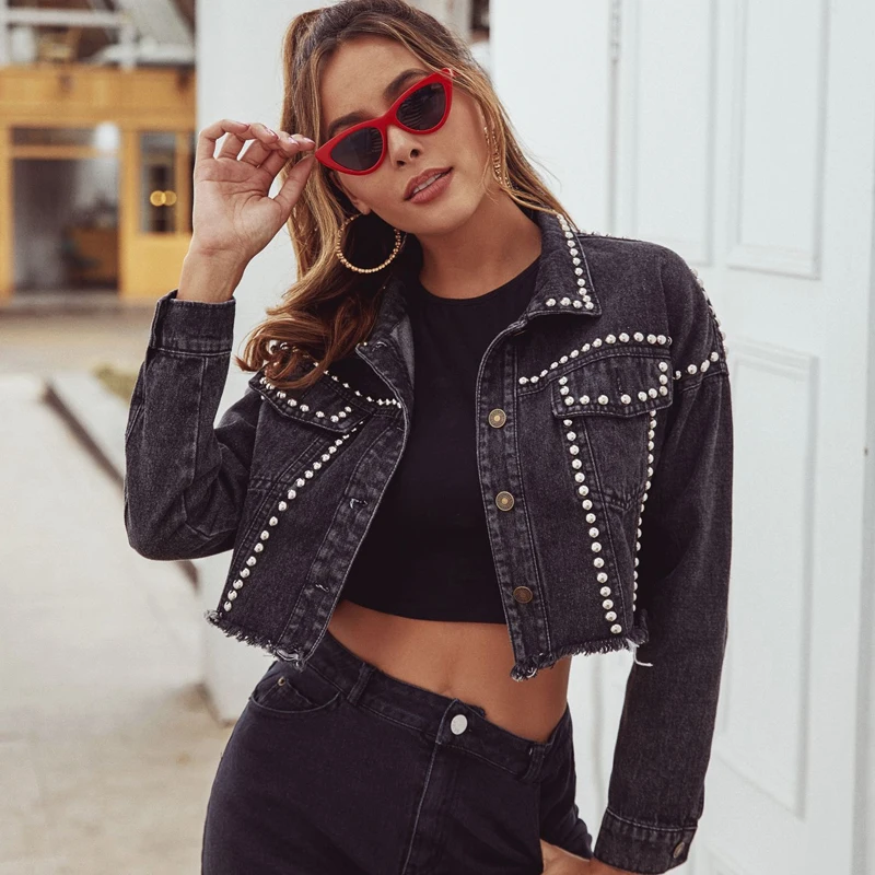 Новые женские черные джинсовые куртки джинсы с заклепками отложным воротником