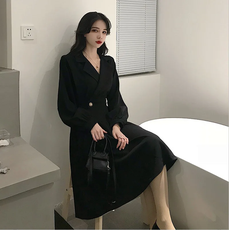 

2021 Spring Autumn High Quality Elegant Black Dress Women V-neck A-line Vintage Ladies Fit Flare Prom Party Night Formal Dresses