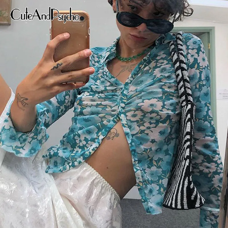 

Floral Print Y2K Aesthetic Cute Tshirt Vintage Retro Button Up Cropped Top Tee Streetwear Korean Long Sleeve Cloth Cuteandpsycho