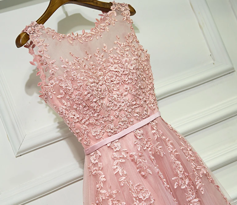 Pink Prom Dresses 2020 Long Lace Applique vestidos formales Pearl Tulle A Line Sheer Neck Sleeveless Evening Gown Party Formal | Свадьбы и