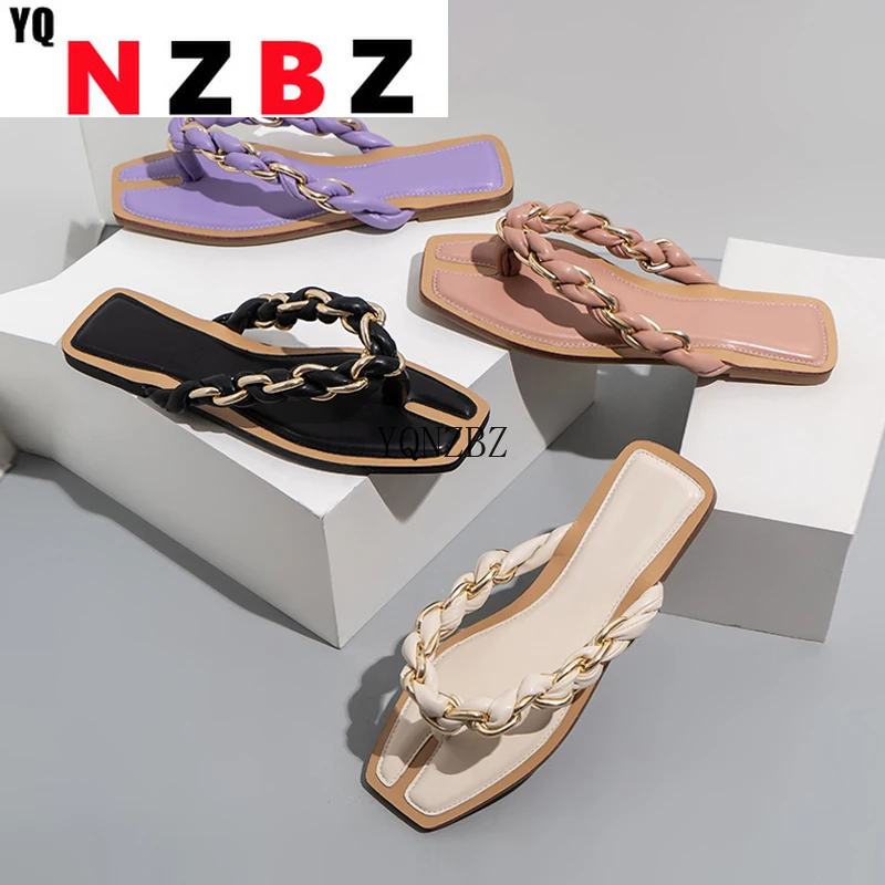 

YQNZBZ 2021 New Brand Women Flat Slipper Summer Fashion Chain Weaving Strap Sandals Outdoor Beach Shoes Ladies Flip Flops