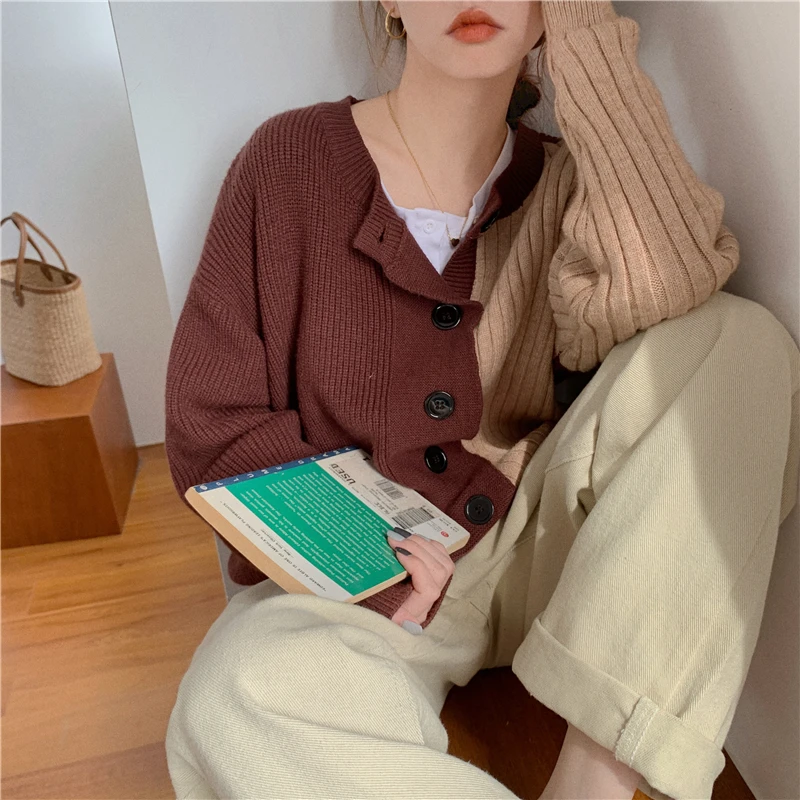 

2020 Contrast Color Women Sweaters Knit Vintage Single Breasted Autumn Mujer Chaqueta Patchwork Korean Winter Tops