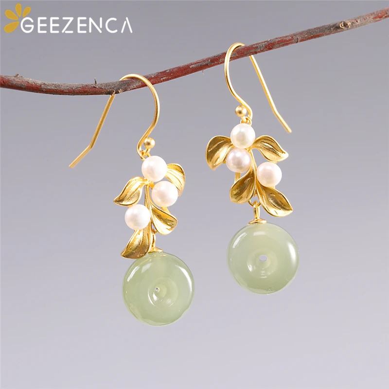

925 Sterling Silver Hetian Jade Round Drop Earring Fine Jewelry for Women Jasper Pearl Leaf Earrings Ethnic Vintage Party Gift