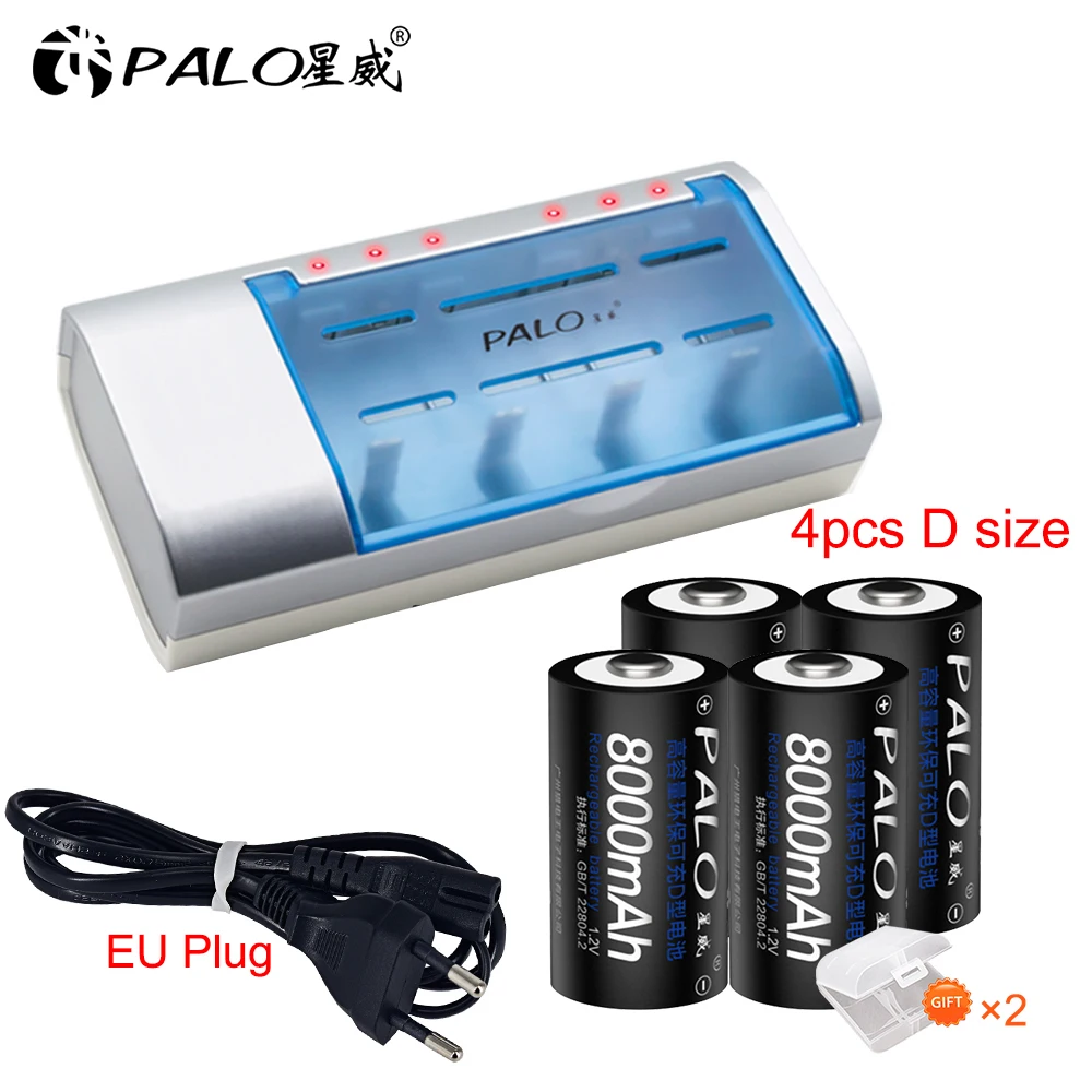

PALO LED charger for AA/AAA/SC/C/D/9V nimh nicd rechargeable battery+4pcs D size nimh 8000mah batteries for Flashlight heater