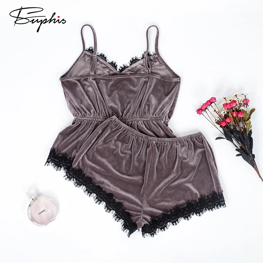 Женские привлекательные пижамные комплекты Suphis коричневые бархатные кружевные