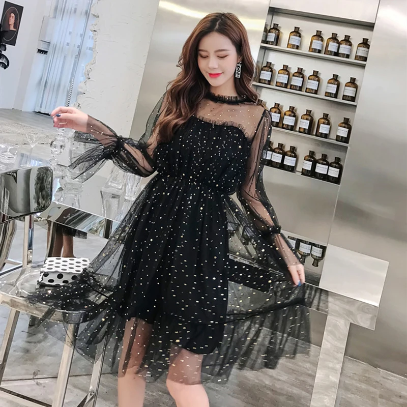 Новинка Весна-Осень Корейская версия темпераментное Сетчатое длинное платье с