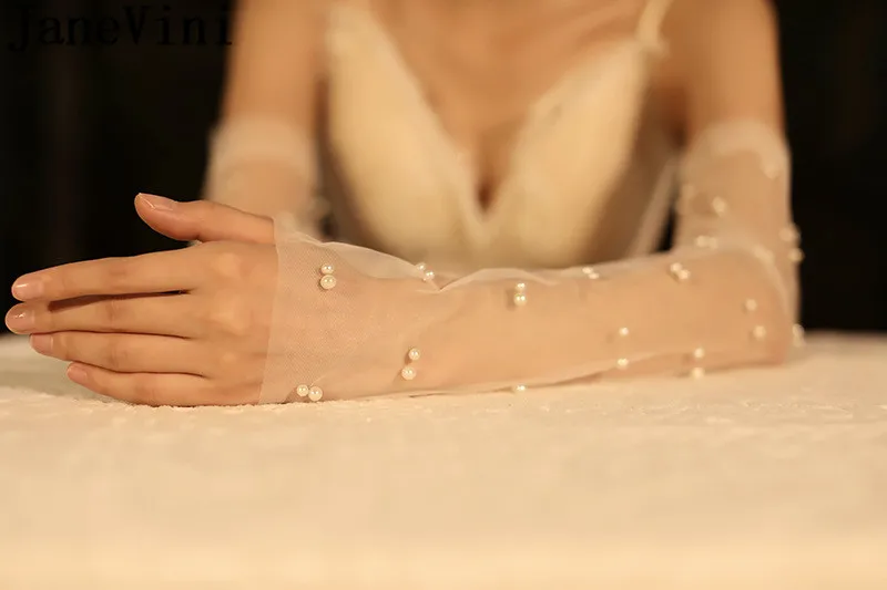 JaneVini Elegant Women Bridal Long Gloves Fingerless Pearls Opera Length Bride Party Wedding Sexy Sheer Glove Accessories | Свадьбы и