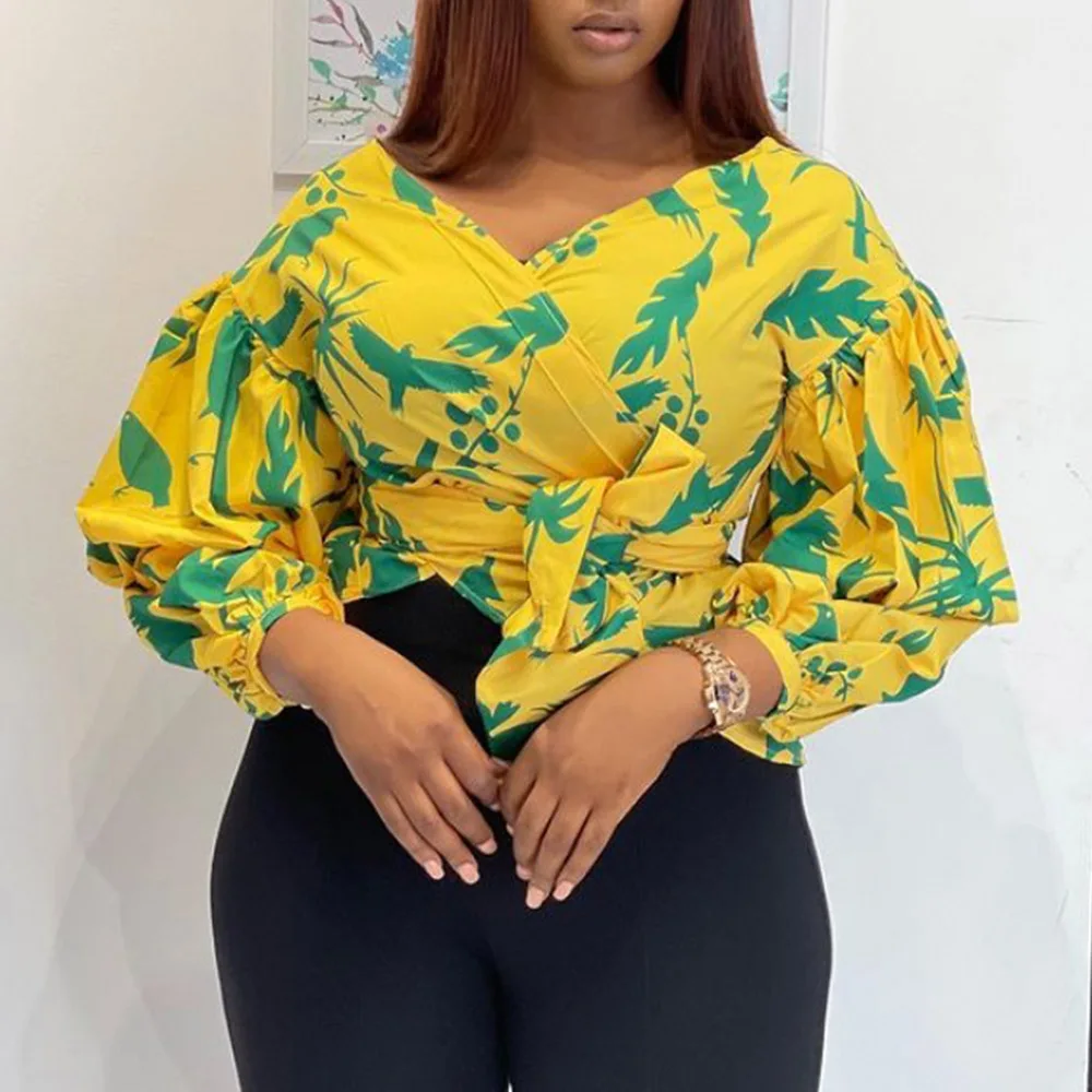 

SummerV-neck Puff Sleeve Digital Printing Tie Bandwidth Loose Casual All Match Large Size Women's Shirt Tops Female Print Shirt