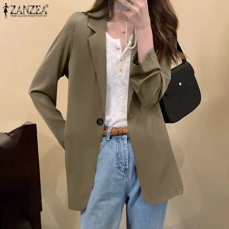 

2022 ZANZEA Elegant Women Autumn Long Sleeve Solid Blazer Stylish Lapel Neck Loose OL Jackets Casual Outwear Office Suits Coats