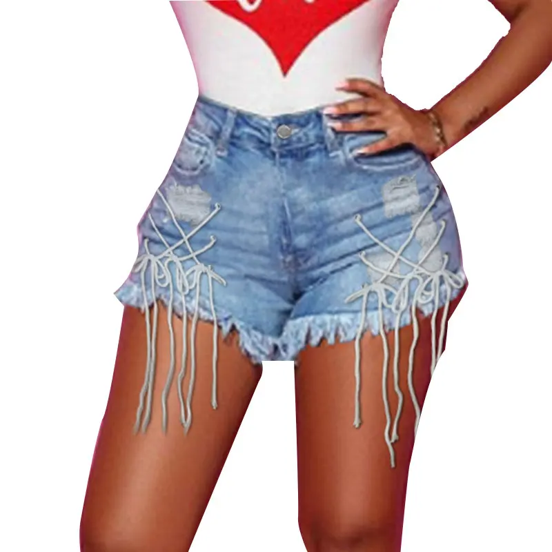 

Summer Sexy White Blue Ripped Lace Up Short Jeans Women High Waist Skinny Hole Frayed Hotpants Street Y2k Bandage Denim Shorts