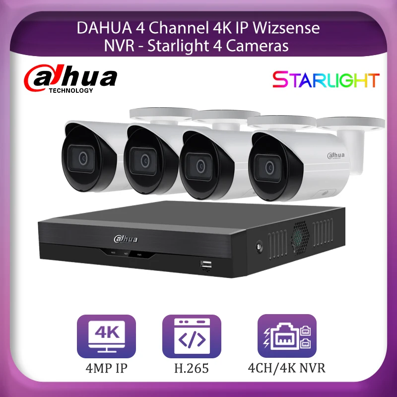 

Видеорегистратор DAHUA, 8 Мп, 4K, 4 канала, сетевой видеорегистратор, наружная система камер с питанием по Ethernet, 2/4 ТБ, быстрая работа, функция AI-по...