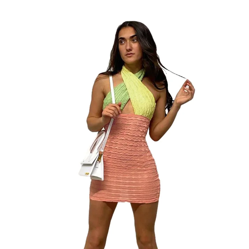 

Contrast Color Sexy Hollow Out Mini Dress Ruched Halter Backless Sleeveless High Waist Short Dresses Casual Sweet Party Vestidos