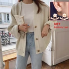 Однотонные вязаные кардиганы в стиле оверсайз, женский свитер в стиле Харадзюку, осенне-зимние корейские топы с V-образным вырезом и пуговицами, теплая куртка, женская одежда