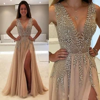 luxury beadings crystals sequined deep v neck prom evening dresses long backless formal dresses evening gowns vestidos