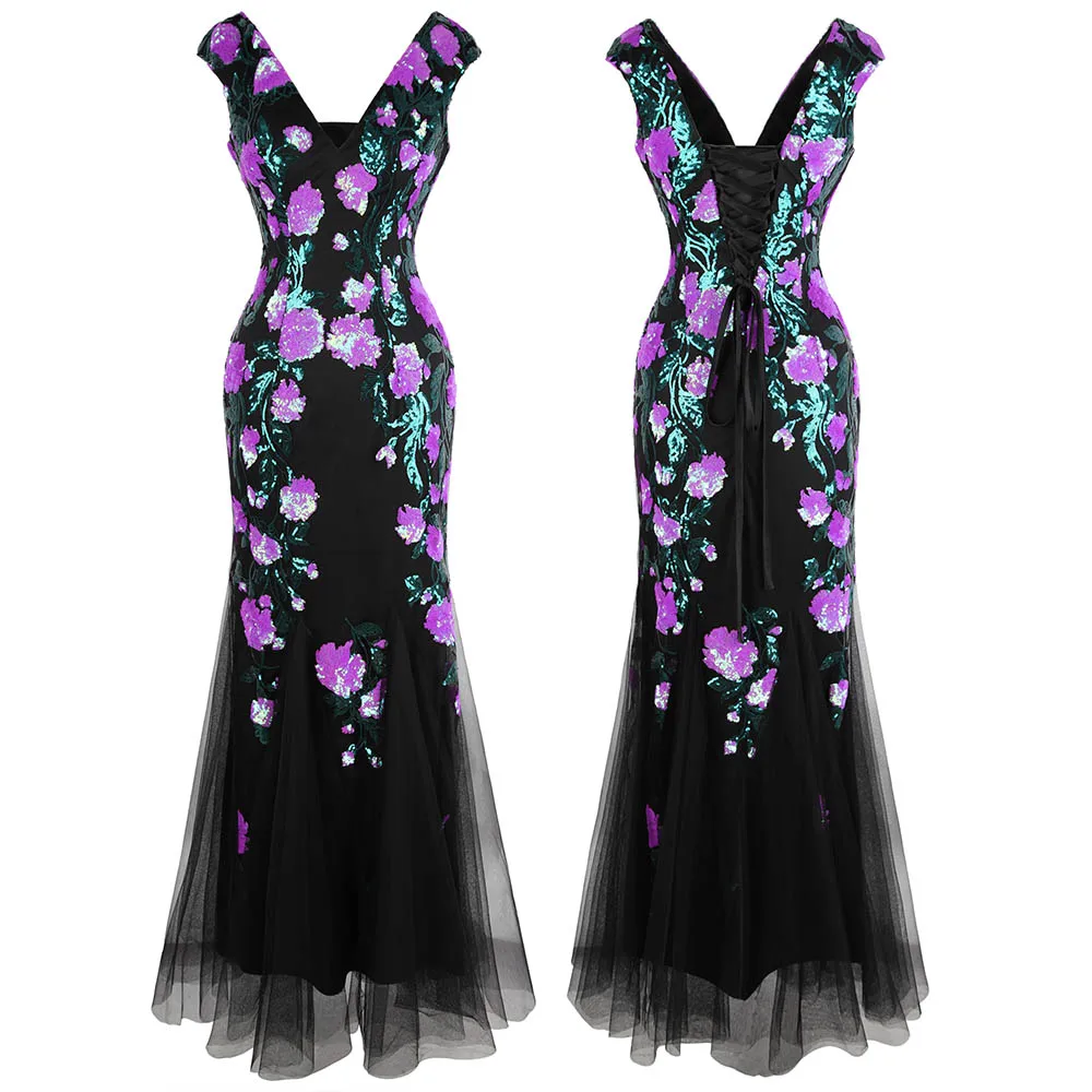 Purple Angel-fashions вечернее платье с v-образным вырезом и цветами и блестками, вечерние платья, иллюзионное платье 452 - Цвет: Purple